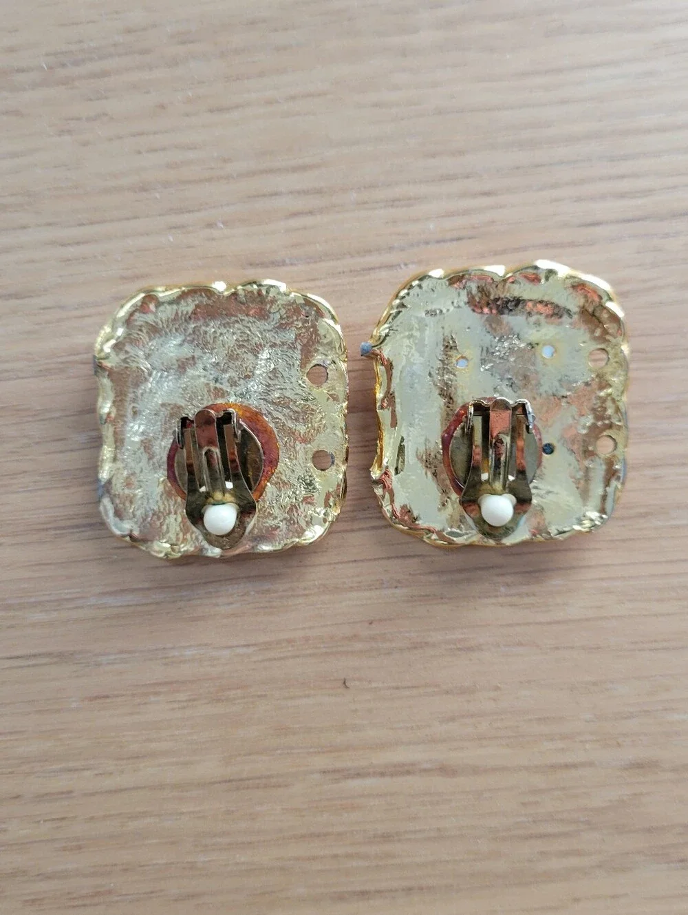 Vtg Gold-Tone Square Clip-On Statement 80s Earnings Green, Purple, Blue Accents